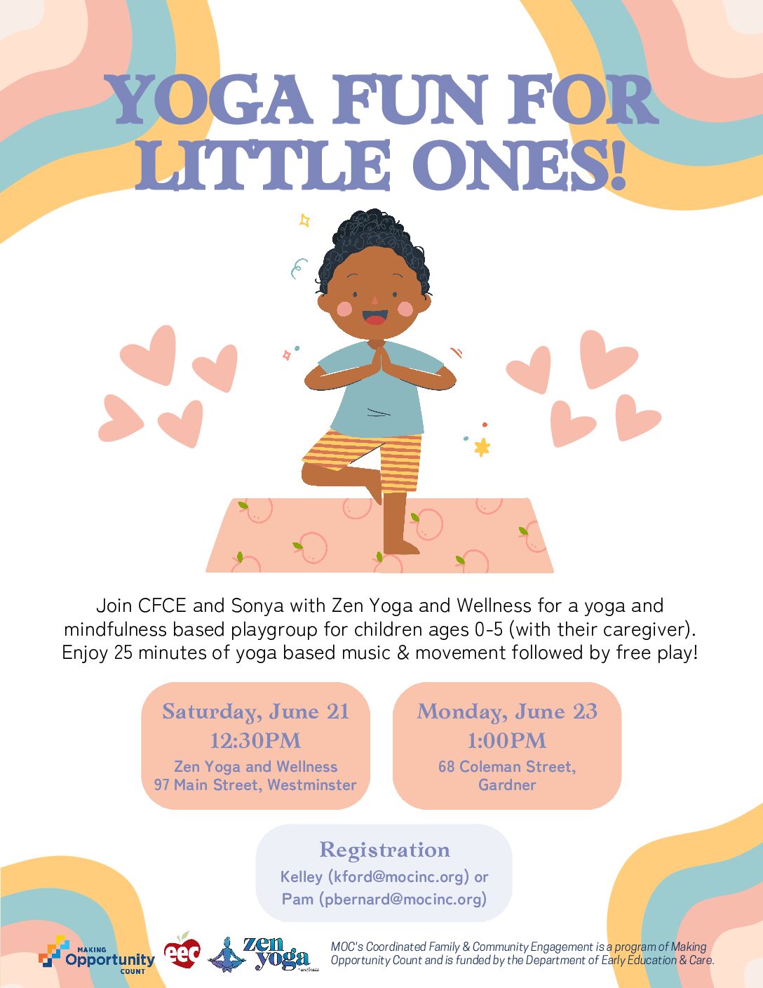 Illustrated flyer for a children's yoga event featuring a child doing a tree pose with event details below.