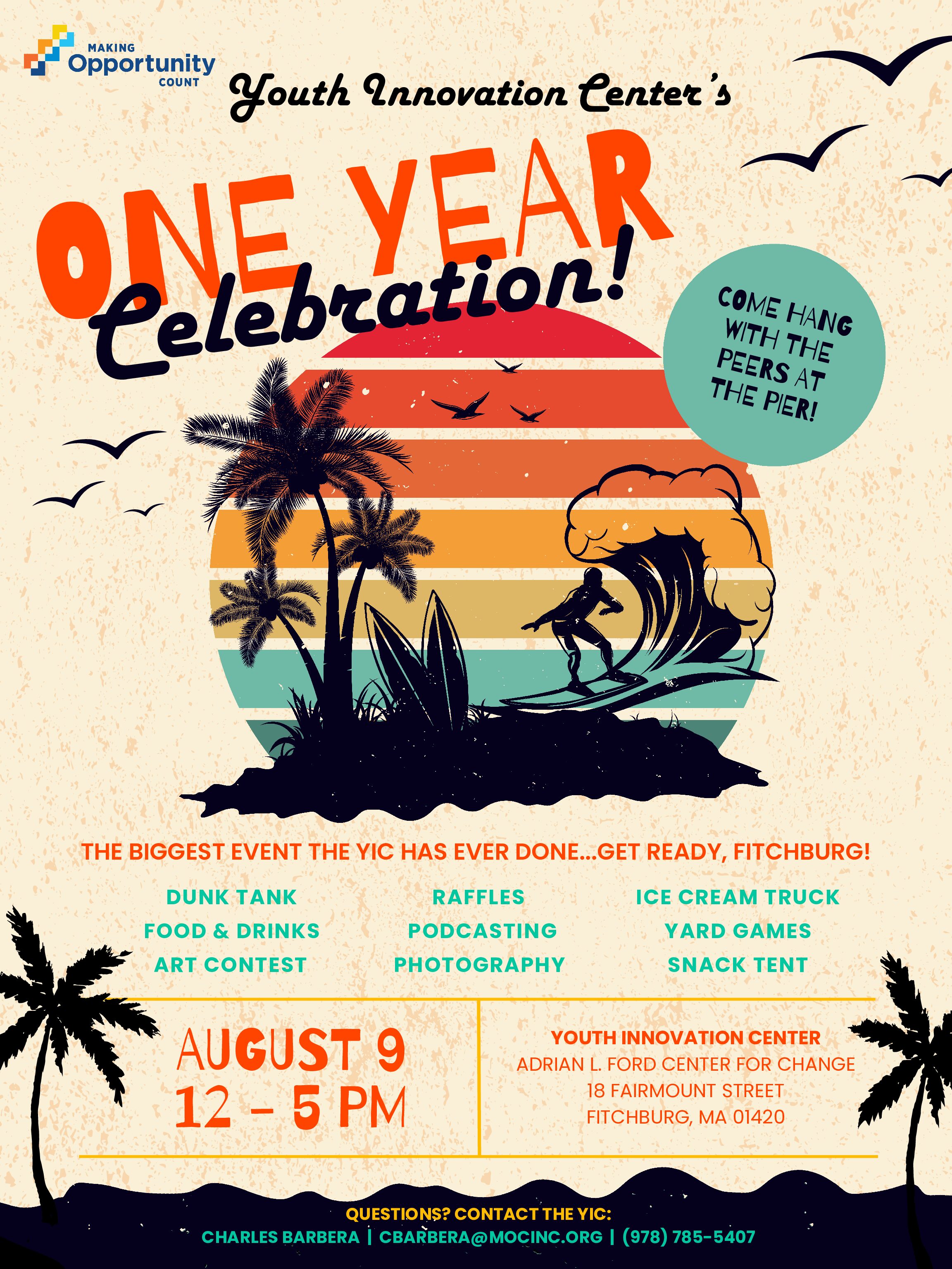 Flyer for a beach conservation center's one-year celebration with live music, food, and activities on August 9, 1-5 PM.