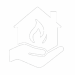 Hand holding a house icon with a flame inside, symbolizing home safety or energy conservation, against a dark background.