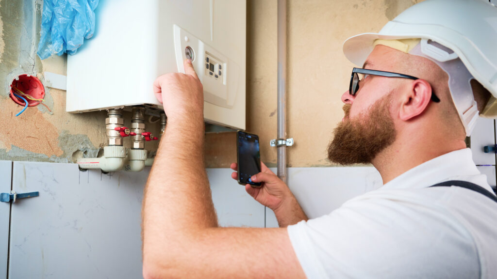 Technician adjusting a home water heater with tools, wearing a hard hat and safety glasses.