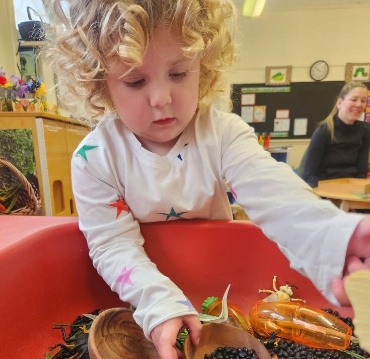 Young child playing with black beans in a sensory bin at a classroom.
