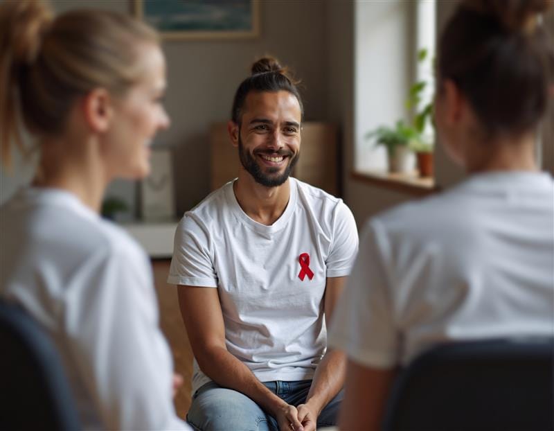 Man with a red ribbon on his shirt sits smiling in a group, symbolizing support and awareness in a relaxed setting.