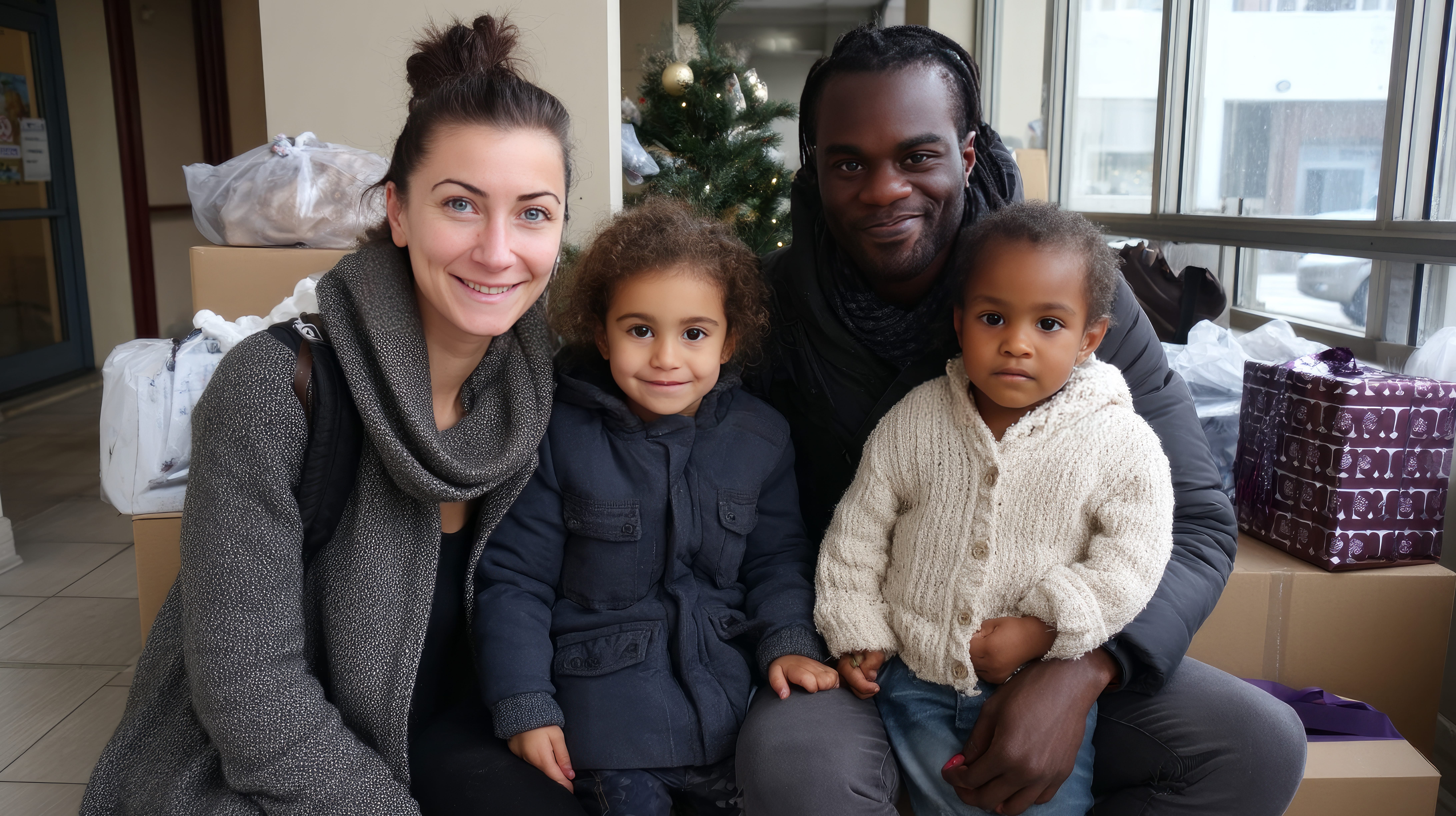 Family smiling together in front of Christmas tree and gift boxes indoors.