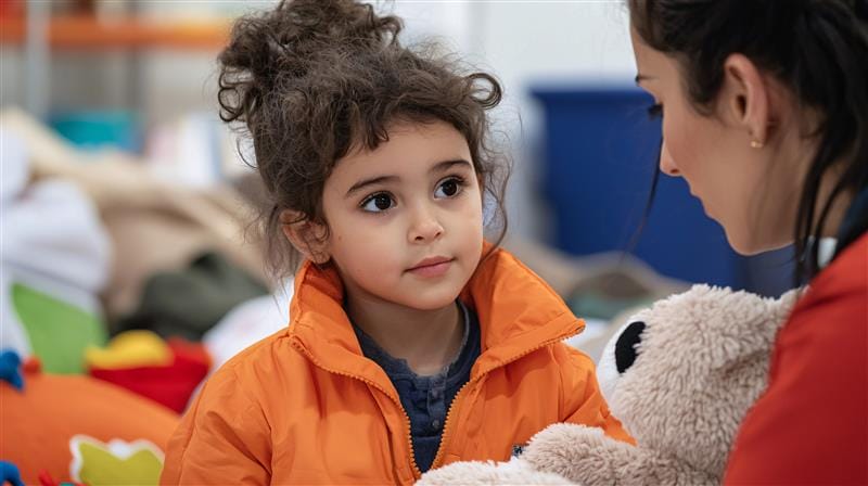 Child in orange jacket holding a stuffed animal, looking up at an adult in a colorful room.