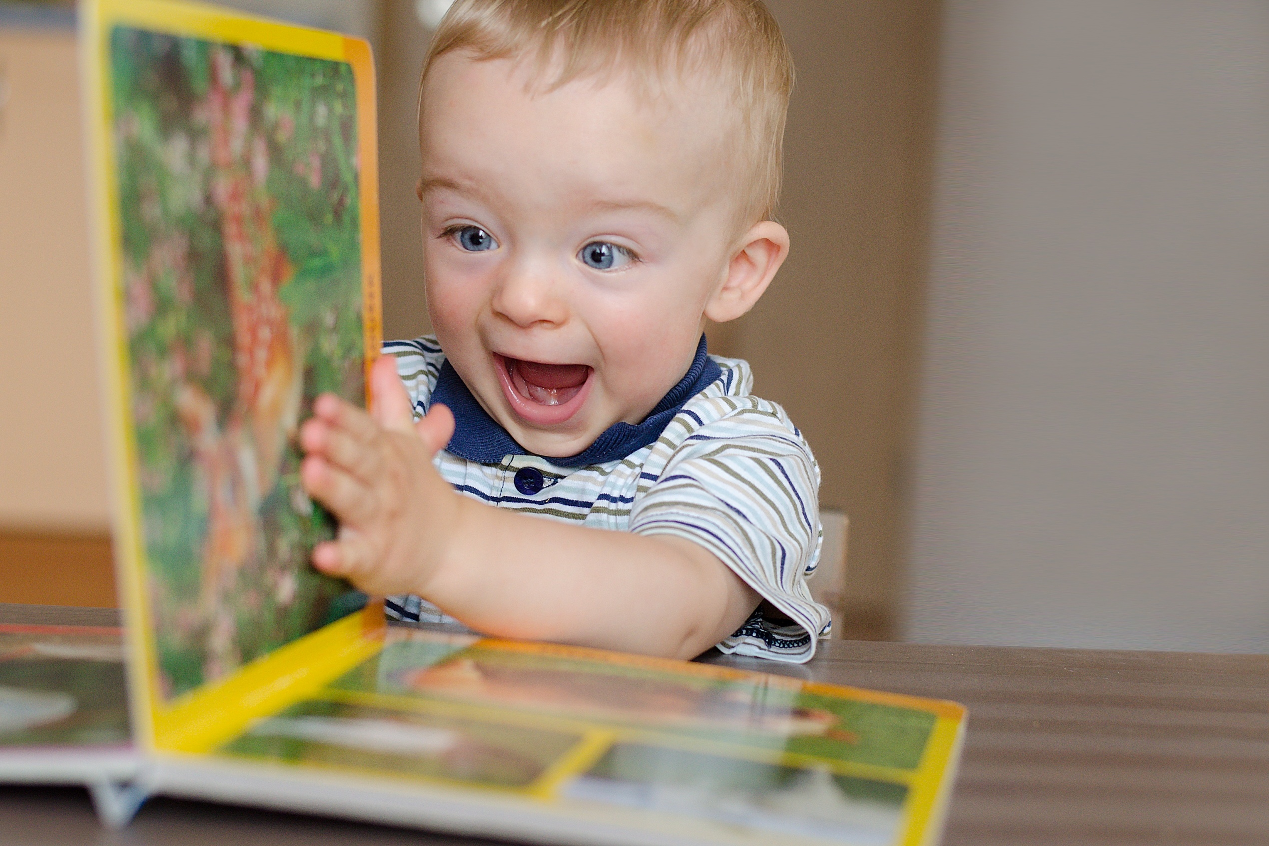 Baby excitedly looking at a picture book with colorful pages, wearing a striped shirt, and sitting at a table.