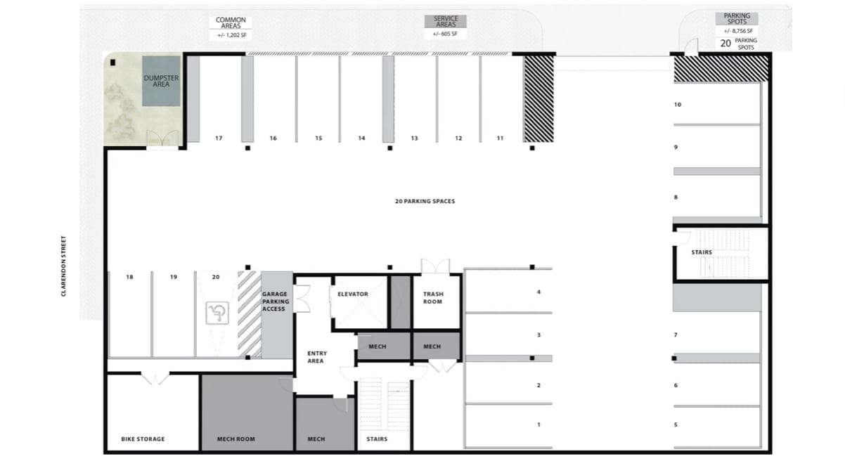 Floor plan of a building's parking and service areas, showing parking spaces, garage access, and common areas.